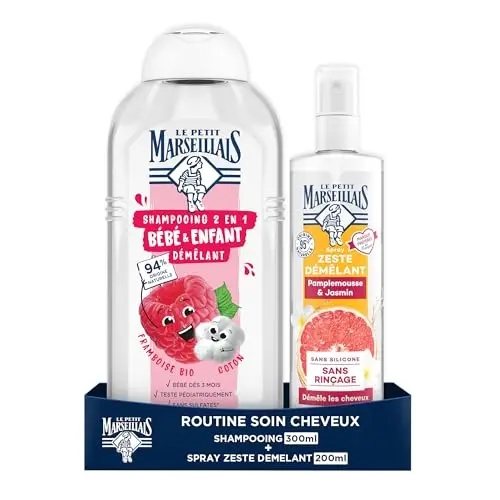 Le Petit Marseillais Shampooing 2 en 1 Bébé & Enfant Démêlant Framboise Bio & Coton, 300ml + Spray Zeste Démêlant Pamplemousse & Jasmin, 200ml (Lot de 2) Routine soin cheveux 95% d'origine naturelle