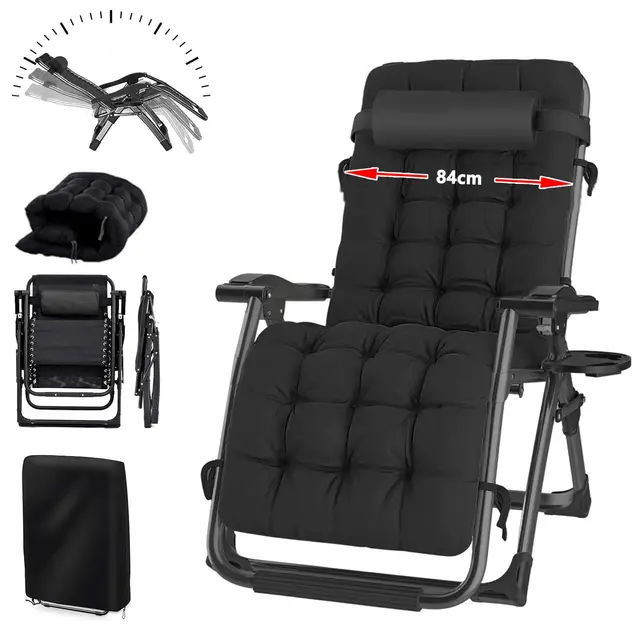 Chaise Longue Pliante 84cm, Chaise Longue Jardin Exterieur, Fauteuil Relax, Transat Jardin Exterieur, pour Patio, Plage, Piscine, avec Coussin, Noire
