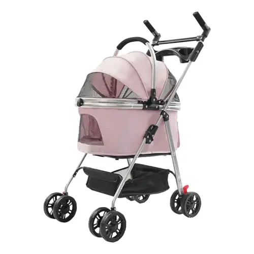 Poussette pliable pour chien, avec roues universelles, pour chats et petits chiens, capacité de charge jusqu'à 12 kg, dimensions du produit plié : 21,5 x 80 cm (rose sakura)