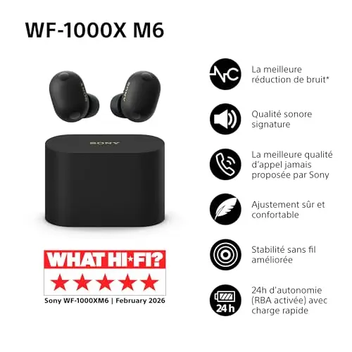 Sony WF-1000XM6 écouteurs sans Fil à réduction de Bruit, Bluetooth, Intra-Auriculaires, Son High res Signature, appels clairs, égaliseur 10 Bandes, Batterie 24heures, IPX4, iOS et Android - Noir