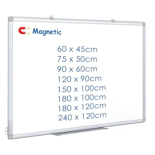 Maxtek Tableau Blanc Magnétique 75 x 50 cm, Effaçable à Sec Whiteboard avec Cadre en Aluminium, White Board Mural Deux Options de Montage avec Porte-marqueurs