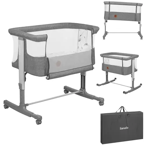 lionelo Aurora 3 en 1 Lit bébé jusqu'à 9 kg Cododo, Berceau Réglage de la Hauteur et de l’Inclinaison du Matelas 4 roulettes avec Freins Matelas Ergonomique Sac (Grey)