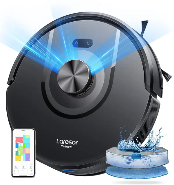 Aspirateur Robot, 8000Pa 200Mins Robot Aspirateur Navigation LiDAR Laveur, Robot Laveur de sol, Cartes Pour Sols Multiples, Commande Alexa/APP/WiFi, Idéal Pour Poils d’Animaux, Tapis et Sols Durs