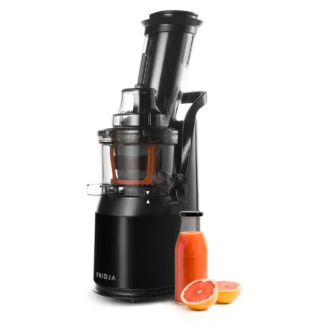 Jus de Fruits et Légumes à Mastication Lente, Slow Juicer, Jus Frais et Santé, Sorbet, Crème Glacée, Bouche 75 mm, sans BPA, 240 Watts, Pression à Froid, Acier Inoxydable Noir Fridja f1900
