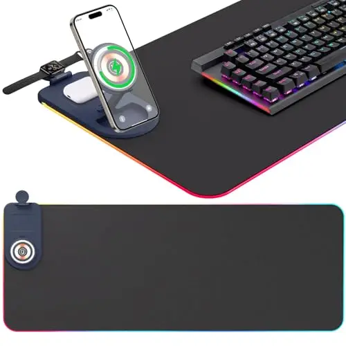 Tapis de Souris Gaming RGB (800 * 300 * 4mm), avec Charge sans Fil Rapide Qi 15W, 14 Effets D'éclairage LED, Étanche, Antidérapant, Résistant à l'usure, pour Gamer, Bureaux, PC, Bureau