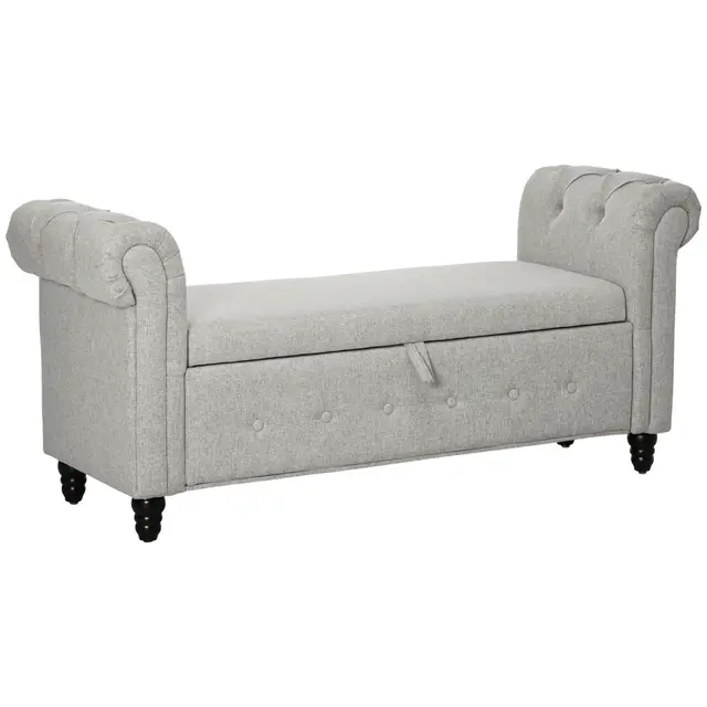 HOMCOM Banc de Rangement, Coffre de Rangement en Tissu Aspect Lin avec Pieds en Bois, 146,5 x 49 x 72 cm, Gris