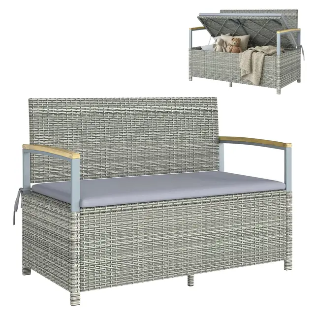 Outsunny Banc de Jardin avec Coffre de Rangement 170L - Banquette 2 Places en Résine Tressée avec Coussin Déhoussable et Accoudoirs en Bois d'Acacia - Vérin à Gaz, Gris