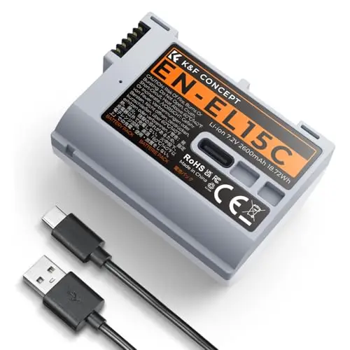 K&F CONCEPT EN-EL15C Batterie 2600mAh USB C 2.5H Chrage Rapide Batterie EN-EL15 Compatible avec Nikon Z8, Z7, Z6, Z7ii, Z6ii, Z6iii, Zf, Z5, D850, D810, D810A, D780, D750, D610, D500, D7500, D7200