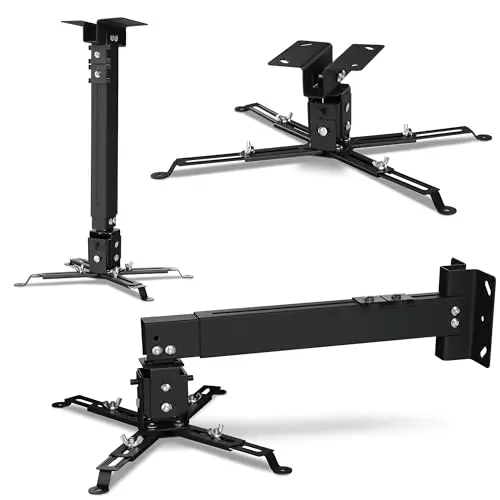 Overmax Ceiling Mount Support de projecteur jusqu'à 20 kg, Longueur réglable, réglage Angulaire de 25 degrés, en Acier, Montage Mural et au Plafond, Structure légère et Stable (Noir)