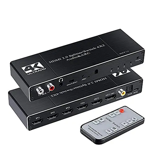 4x2 HDMI Switcher Splitter,4x2 HDMI 2.0 Audio & commutateur Arc Répartiteur de Commutation HDMI 4 en 2 Sorties avec Port Optique coaxial 3,5 mm L/R avec télécommande IR