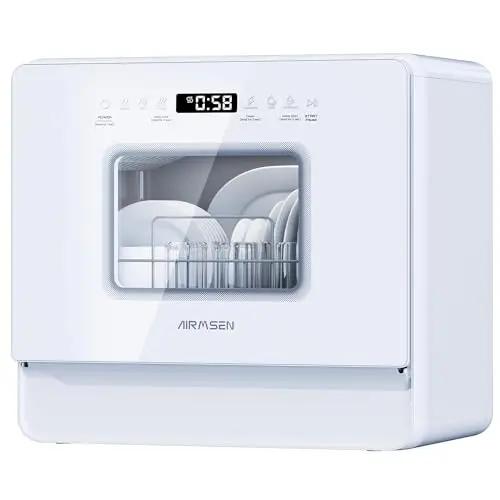 AIRMSEN Lave-vaisselle de Table Mini Lave-vaisselle avec 7+2 Programmes, Fonction Sel Adoucissant Commande Tactile Affichage à LED Réservoir d'Eau 5L, Lave-vaisselle Compact pour Appartements Dortoirs