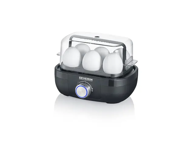 SEVERIN Cuit-œufs 420 W, Appareil de cuisson pour 1 à 6 œufs, Doseur d'Eau Gradué et Perce-Œufs Inclus, Cuiseur à œufs avec réglage électronique du temps de cuisson, noir, EK 3166