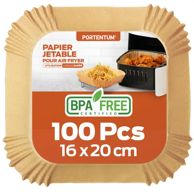 PORTENTUM Papier cuisson air fryer - 100 pièces Food-Grade BPA gratuit, 16 x 24 cm, pour friteuse sans huile 3 à 4,5 litres - Idéal pour la cuisson saine