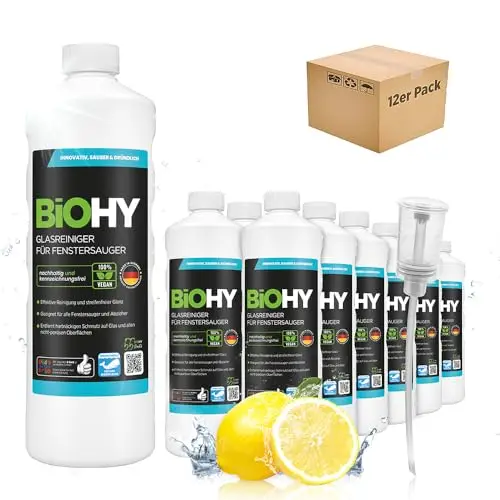 BiOHY Nettoyeur de vitres pour aspirateurs de vitres (12 x 1l Bouteille) + Distributeur | brillant éclatant sur toutes les surfaces | pour un nettoyage sans traces (Fenstersauger)