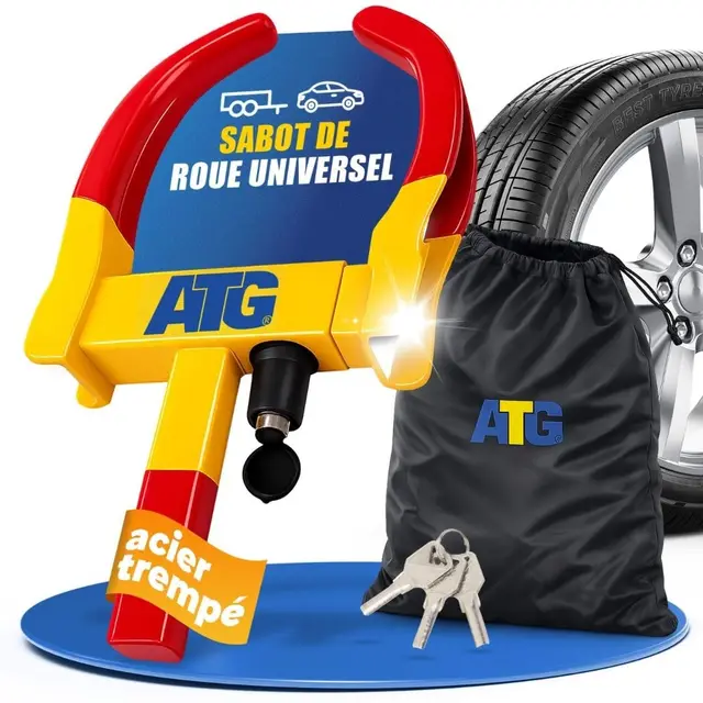 ATG Sabot de Roue Voiture & Remorque – Antivol Roue Universel pour Auto, Caravane, Camping-car, Moto – Bloque Roue Sécurité Pneus 18–28 cm