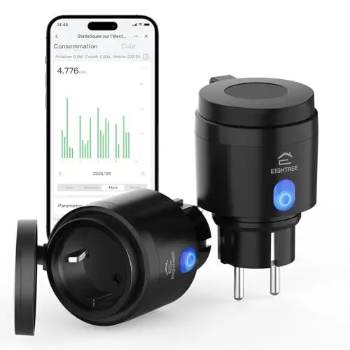 EIGHTREE Prise Wi-Fi d'extérieur - Minuterie d'extérieur - Avec mesure du courant IP44 - Étanche - Avec minuterie, télécommande et commande vocale - Compatible avec Alexa et Google Home