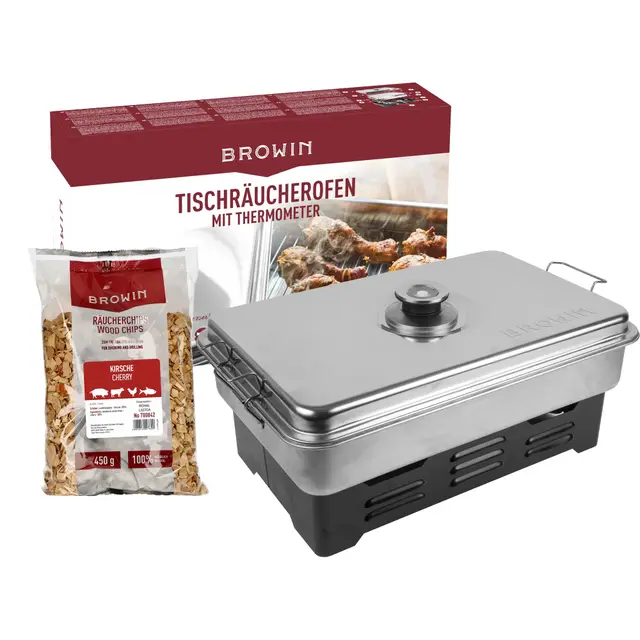 Browin 330010 Fumoir de balcon en acier inoxydable avec thermomètre de cuisine et copeaux de fumage, gris, 11 x 43,5 x 27,5 cm