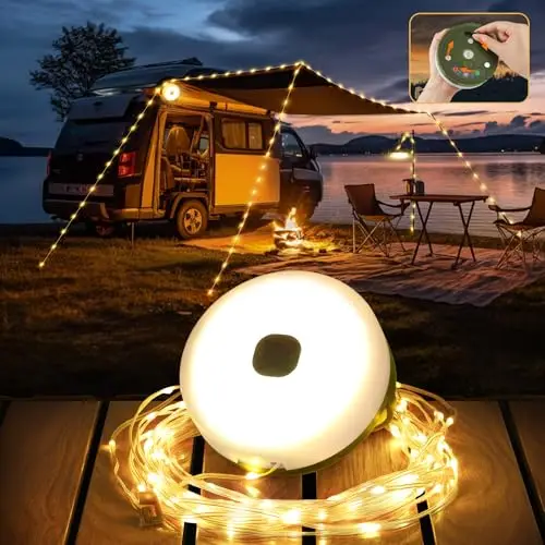 10M Chaîne Lumineuse de Camping Enroulable, Chaîne lumineuse LED d'extérieur étanche 4 en 1 avec 9 modes d'éclairage, portable Lampe de camping USB rechargeable pour le camping, la randonnée