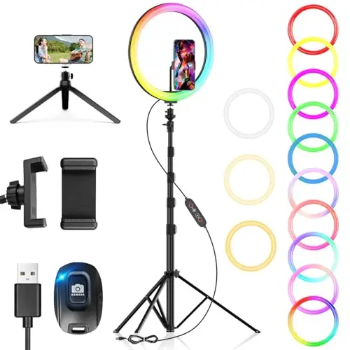 PEYOU 12" Ring Light avec Trépied Grand, 3 en 1 Support 186 cm, Bureau & Selfie Stick - 38 Modes d'Éclairage pour Smartphone - Parfait pour TikTok, Maquillage, Youtube, Photo