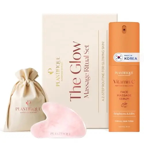 PLANTIFIQUE Set Cadeau Rituel de Massage : Gua Sha Quartz Rose 100% Authentique Massager Visage Relaxant + Sérum Visage Antirides et Antimacules avec Vitamine C, Peptides et Niacinamide