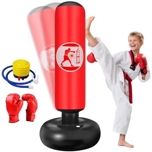 Sac de Boxe Enfant, Ninonly 160cm Sac de Frappe sur Pied Gonflable avec Pompe à Air et Gants de Boxe, Punching Ball Set Cadeau pour Garçons et Filles 3-12 Ans pour Karaté Kickboxing