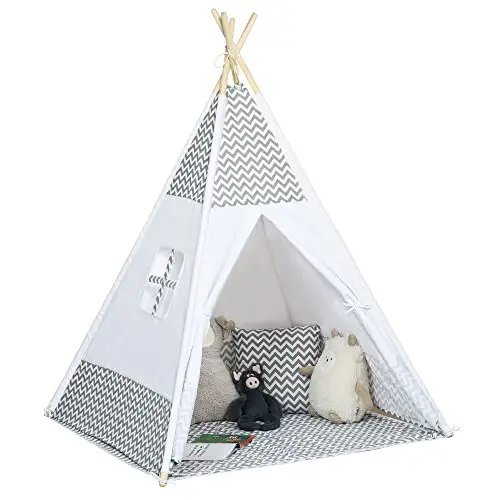 HOMCOM Tente Teepee Indien Tente de Jeu pour Enfant Style Graphique - dim. 1,2L x 1,2I x 1,55H m - Porte refermable Fenêtre Tapis Coussin Sac Transport Inclus - à l'Intérieur à l'Extérieur Gris Blanc