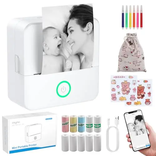 eSynic Mini Imprimante Portable sans Encre ni Toner Impression en Noir et Blanc Imprimante Thermique Compatible avec Android et IOS Connexion Bluetooth avec Étiquette Adhésive Couleur Sac de Rangement