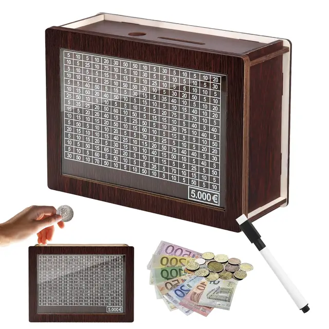 Tirelire en Bois avec Marqueur, Tirelire Bois, Numérique Tirelire Réutilisable avec Objectif D'épargne, Tirelire Compteur, Aide à l'habitude d'épargner pour Les Adultes et Les Enfants (5000€)
