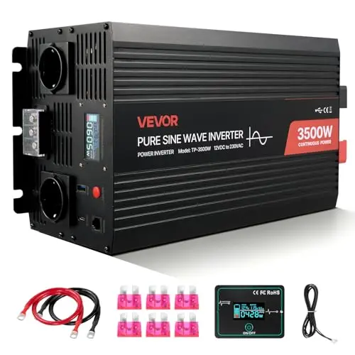 VEVOR Convertisseur Pur Sinus CC 12 V vers CA 230 V Onduleur Sinusoïdal Pur 3500 W, avec Écran LCD, Télécommande Filaire, Port USB et Type-C, 2 Prises CA, pour Camping-Car, Voiture, Système Solaire