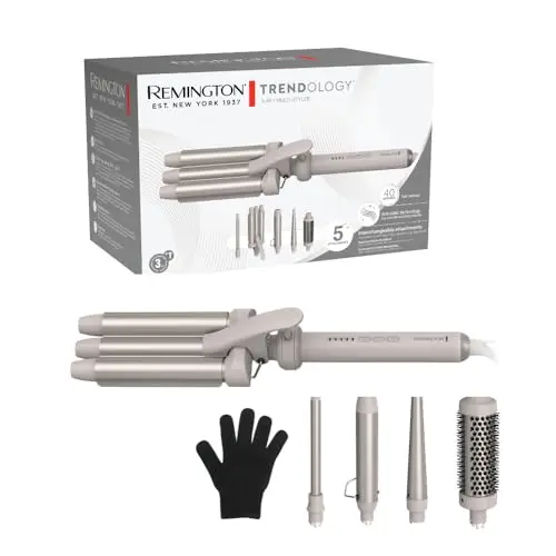 Remington Boucleur à cheveux 5en1 [3 accessoires 13-33mm, fer à boucler, brosse ronde] Trendology (écran LED 130°C-210°C, ondulations, boucles naturelles, définies, tous types de cheveux) CI41MS5E51