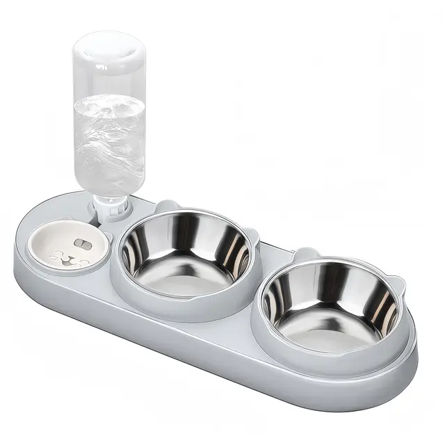 Marchul Gamelle 3 en 1 pour chat, gamelle de nourriture et d'eau pour chat avec distributeur d'eau et bols en acier inoxydable, inclinée à 15°, trois bols surélevés pour chats d'intérieur, chiens de