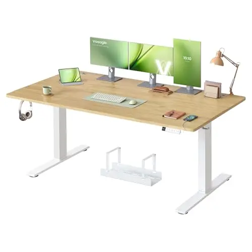 VASAGLE Bureau Électrique Réglable en Hauteur, 160 x 80 cm, avec Port USB-C, Support pour Multiprise, Rappel de Sédentarité, Fonction Mémoire 3 Hauteurs, Télétravail, Couleur Chêne Naturel LSD146YA02