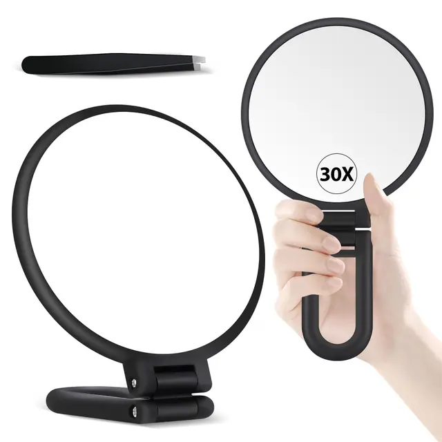 MIYADIVA Miroir grossissant 30X avec poignée - Miroir de Maquillage à Double Face (1X/30X), Pliable & Portable pour Un Maquillage précis en déplacement - Noir Mat