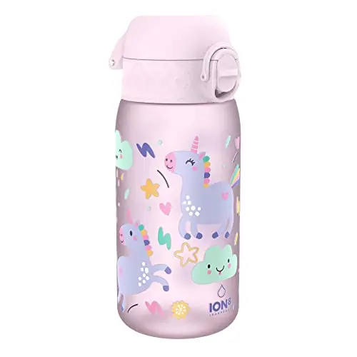 ION8 Gourde Enfant, Anti-Fuite, Facile à Ouvrir, Verrouillage Sécurisé, Lavable en Lave-Vaisselle, Poignée de Transport, Facile à Nettoyer, Carbone Neutre, Motif Licornes
