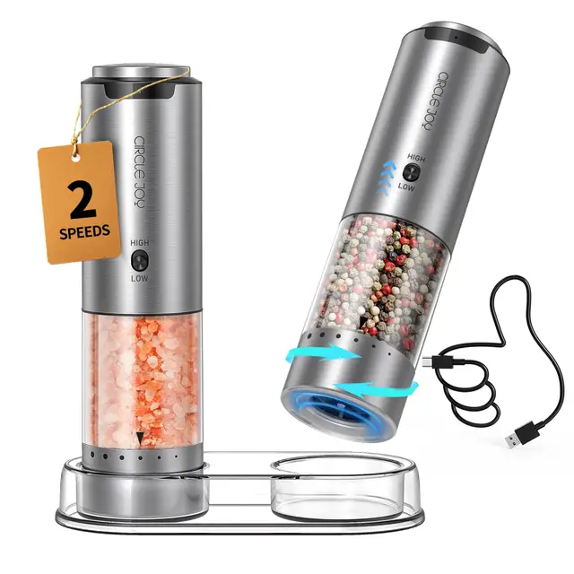 CIRCLE JOY Ensemble de Moulin à Sel et Poivre Électrique Rechargeable Moulin à Épices avec Base, Récipient de 95ml, Lumière LED Blanche, Grosseur Réglable par L'extérieur et 2 Vitesses de Mouture