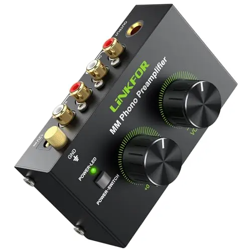 Préampli Phono LiNKFOR Mini Préamplificateur Audio Stéréo Métal Faible Bruit avec Interrupteur d'alimentation,Contrôle du Volume,Entrée RCA,Sortie RCA et 1/4" TRS,Adaptateur Secteur Certifié DC 12V