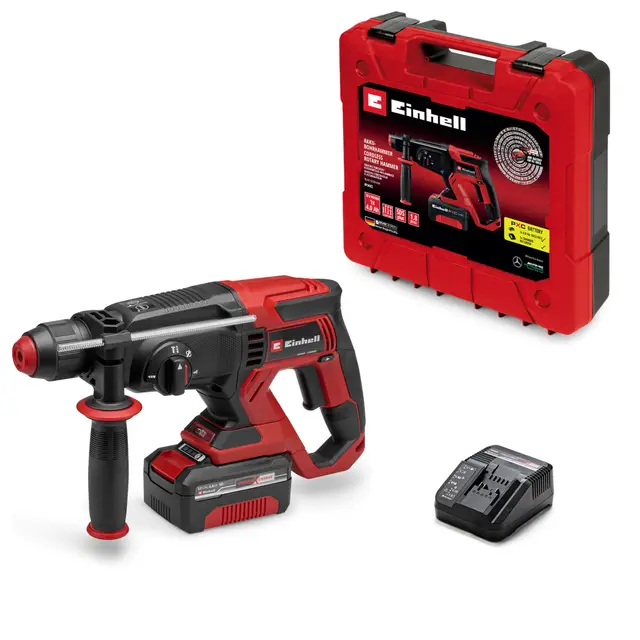 Einhell Marteau perforateur sans fil TE-HD 18/20 Li (1 x 4,0 Ah) Power X-Change (18 V, 1,8 J, SDS-Plus, capacité de perçage de 20 mm dans le béton, 4 fonctions, avec batterie 4,0 Ah Plus + chargeur)