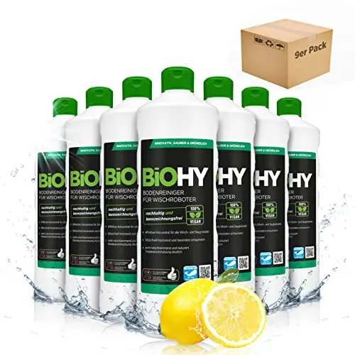 BiOHY Nettoyant de sol pour robot aspirateur laveur (9 x 1l Bouteille) | concentré pour tous les robots d'essuyage et d'aspiration à fonction humide | durable & écologique (Wischroboter)