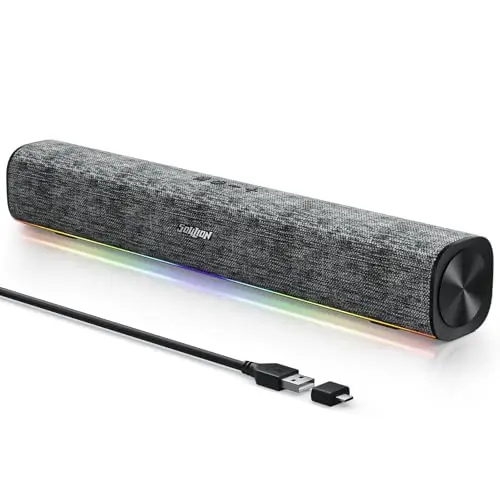 SOULION R100 Enceinte PC, Bluetooth Barre de Son PC avec Synchronisation/Affichage Audio-Lumière, pour PC, Tablette, Smartphone, 42 x 6 x 6cm (Alimenté par USB)