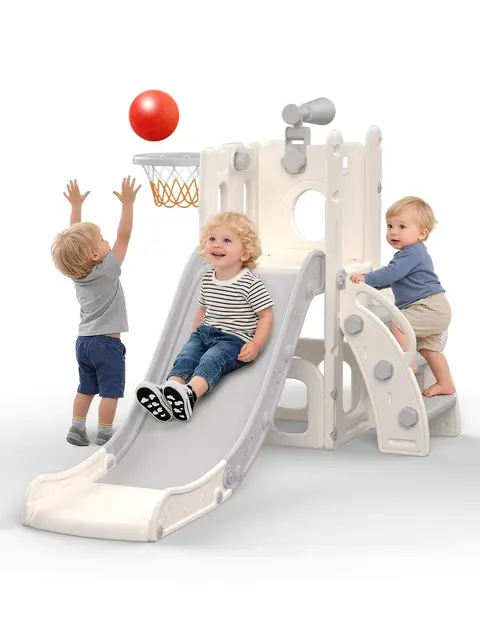 Toboggan pour Enfants avec Panier de Basket, Ballon & Télescope Jouet, Aire de Jeu Intérieure et Extérieure pour Tout-Petits et Préscolaires(Gris)