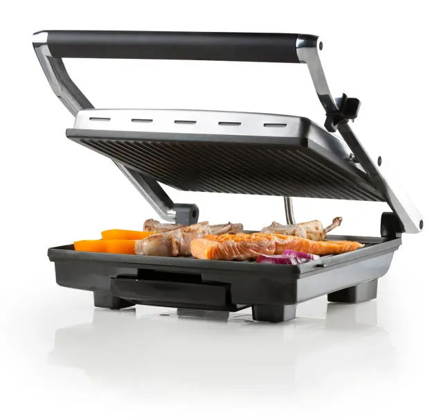 DOMO DO9135G Gril viande et panini – Acier inoxydable – Idéal pour griller paninis, toasts, viande, poisson et légumes – Revêtement antiadhésif en téflon – 2000 W