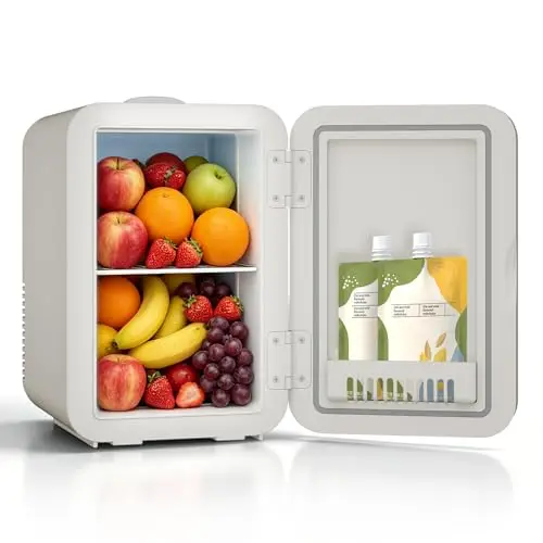 YOURLITE Mini Frigo de Chambre 8L,Mini Réfrigérateur Portable,Fonction Chaud Froid,Silencieux,Étagères Réglables,AC/DC,12V 240V,pour Cosmetique,Nourriture,Boissons,Maison,bureau,dortoir,Voiture,Beige