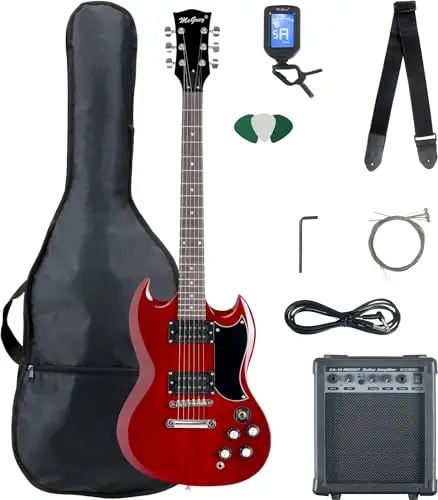 McGrey Rockit Double Cut Set Complet Guitare Électrique (Set Débutant 8 Pièces avec Guitare, Amplificateur, Cordes De Rechange, Housse, Accordeur Clip-On, Médiators, Sangle et Câble) Cherry Red