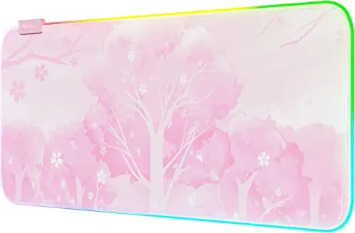Mytrix RGB Tapis de Souris Rose XXL 800x300mm, 14 Modes d'éclairage, Tapis de Clavier Étanche, Base en Caoutchouc Antidérapant, Grand Tapis de Bureau Étendu, Sakura en Fleur de Cerisier Mignon