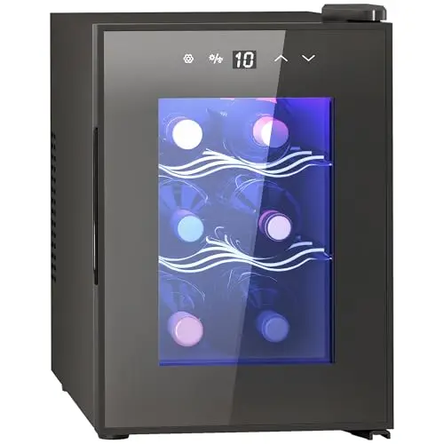 HOMCOM Cave à Vin 6 Bouteilles 17L, Réfrigérateur à Vin Silencieux - Porte en Verre, Éclairage LED, Écran Tactile Numérique, Mini Cave à Vin avec Contrôle de la Température 8-18°C, Protection UV, Noir