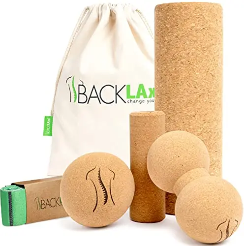 BACKLAXX® Rouleau en Liège avec Balle de Fascia & Balle de Massage | Rouleau de Massage Dos & Colonne Vertébrale | Kit Fascia Cuisses & Pieds | DuoBall | Sans Substances Nocives | Antibactérien