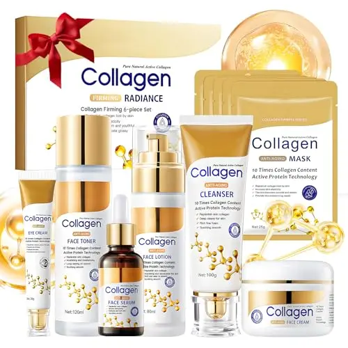 Coffrets de Soins pour la Peau, Collagène Coffret Soin Visage Femme, Coffret Soin Inclure Nettoyant Visage, Toner Visage, Crème Visage, Collagene Masque, Serum Visage, Creme Yeux, 11 Pièces