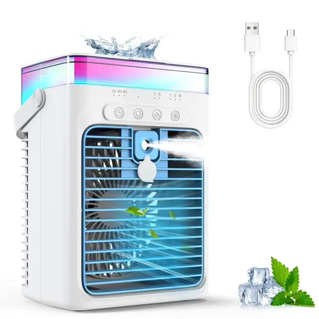 Climatiseur Portable, 3-en-1 Refroidisseur par Évaporation avec 3 Vitesses & 2 Modes Brumisation, 1000ml Mini Climatiseur, Ventilateur USB avec Lumière RGB & Minuterie pour Chambre Bureau Voiture