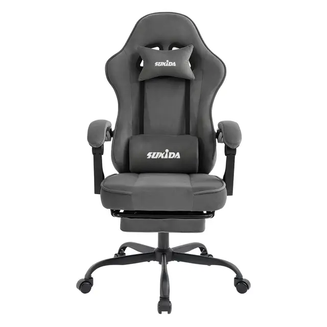 SUKIDA Chaise de gaming en tissu, Chaise de gaming ergonomique avec repose-pieds, Chaise de course informatique réglable avec support lombaire, Gris Chaise PC ergonomique