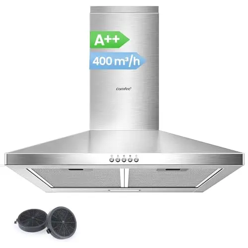COMFEE' CH60A17EM400B-EU A++ Hotte Aspirante 60 cm à Recirculation et Évacuation d'air avec Filtre à Charbon Actif, Débit d'air de 400 m³/h, Filtre à Graisse Lavable, Cheminée Réglable, Argenté
